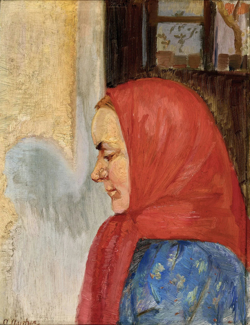 En ung kvinna från Skagen som bär en röd halsduk, sedd från sidan. - Anna Ancher