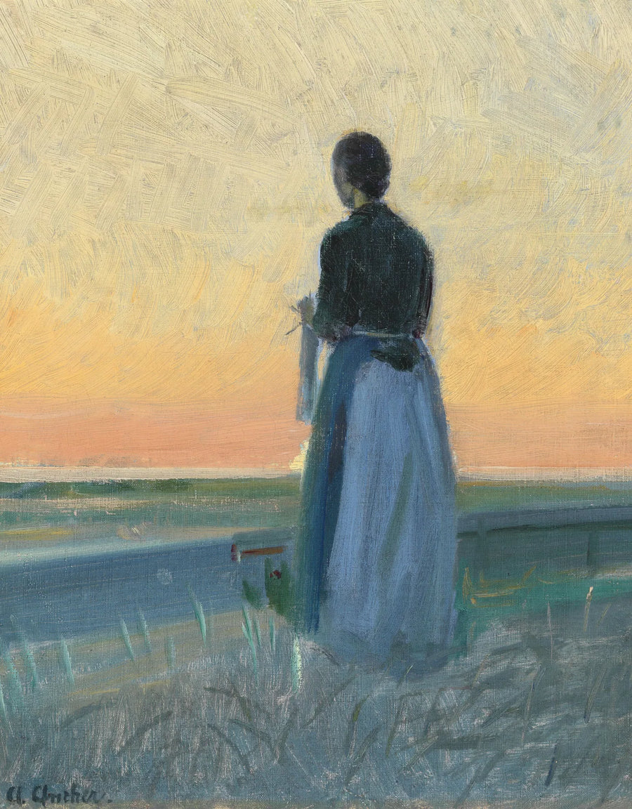 En ung kvinna som stickar, stående vid solnedgången. - Anna Ancher