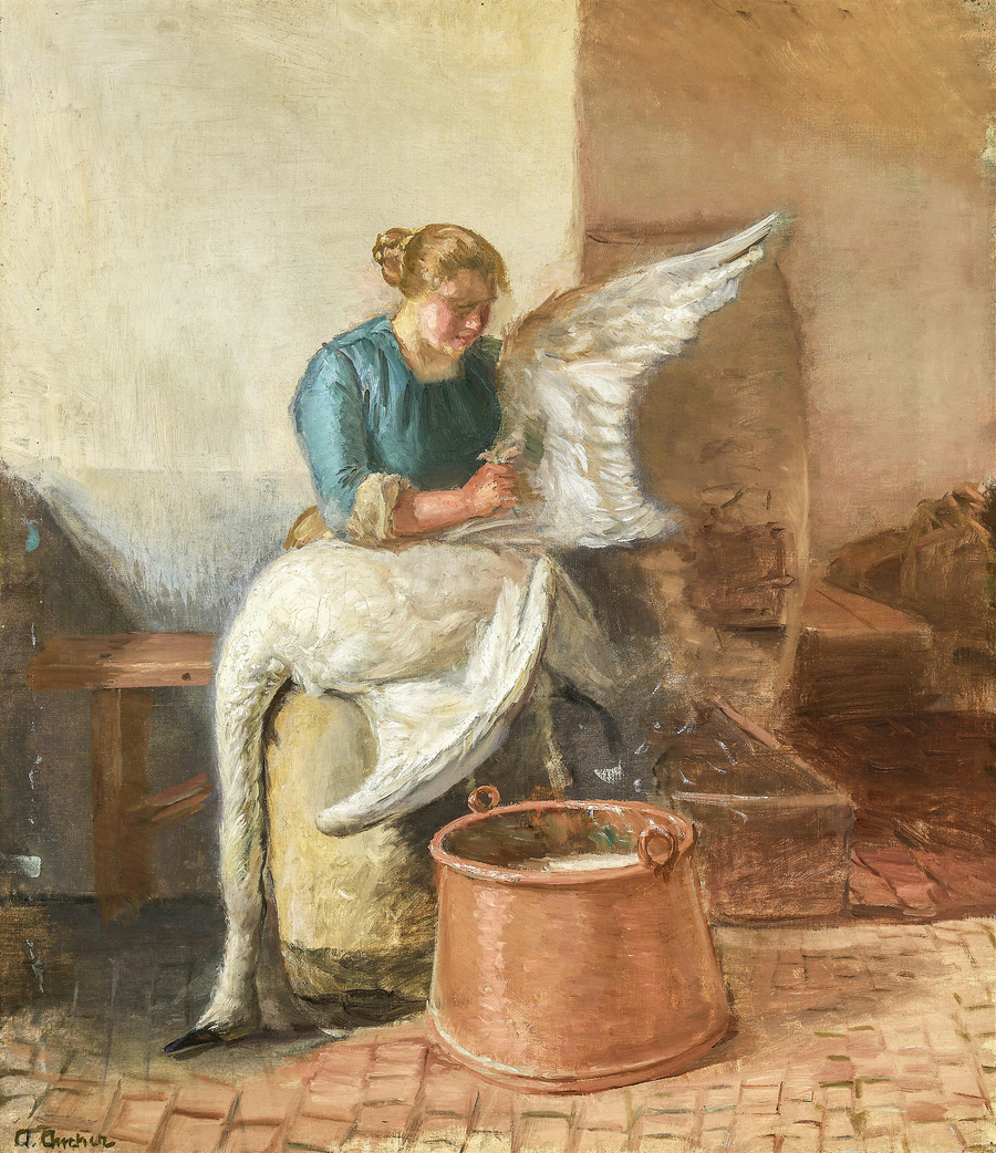 En ung kvinna som plockar fjädrar från en svan. - Anna Ancher