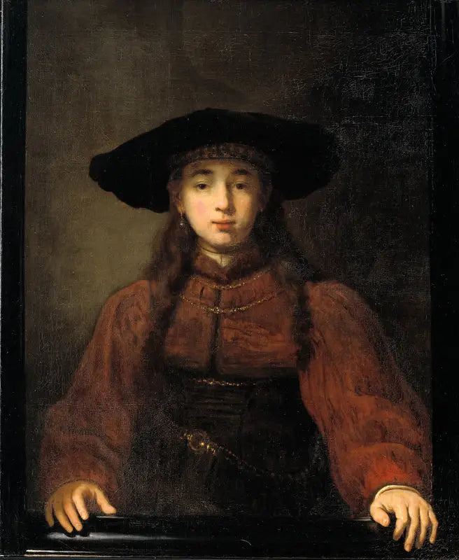 En ung kvinna som poserar sina händer på fototramet - Rembrandt