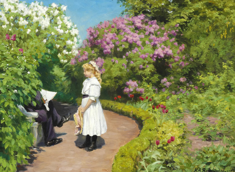 En ung flicka med en halmhatt, klädd i en vit sommar klänning - H. A. Brendekilde