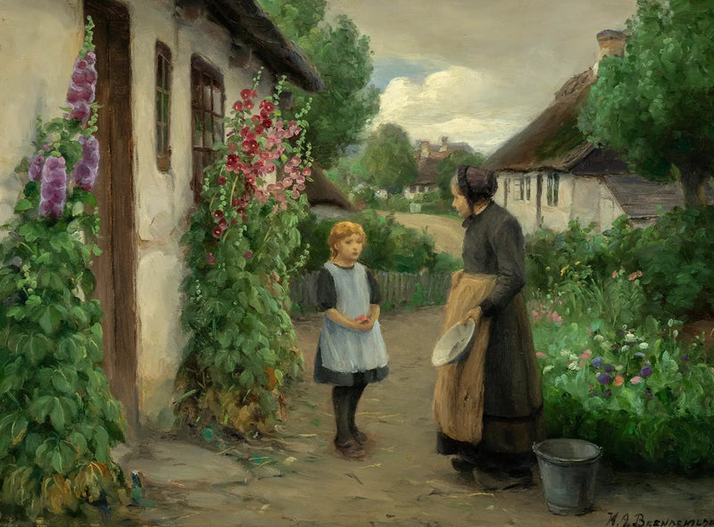En sommardag i byn med en liten flicka och en äldre kvinna. - H. A. Brendekilde