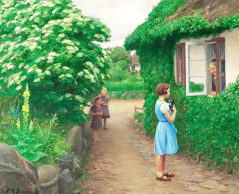 En sommardag med barn, en kattunge och en gammal kvinna vid fönstret. - H. A. Brendekilde