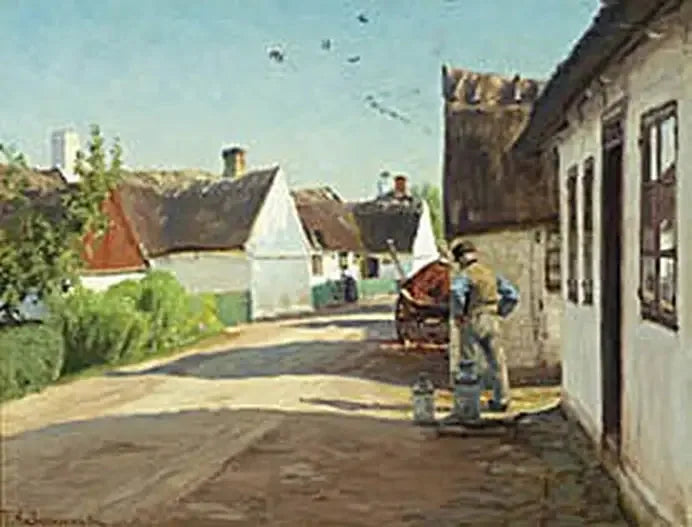 En sommardag i en by med en man stående bredvid några mjölkburkar. - H. A. Brendekilde