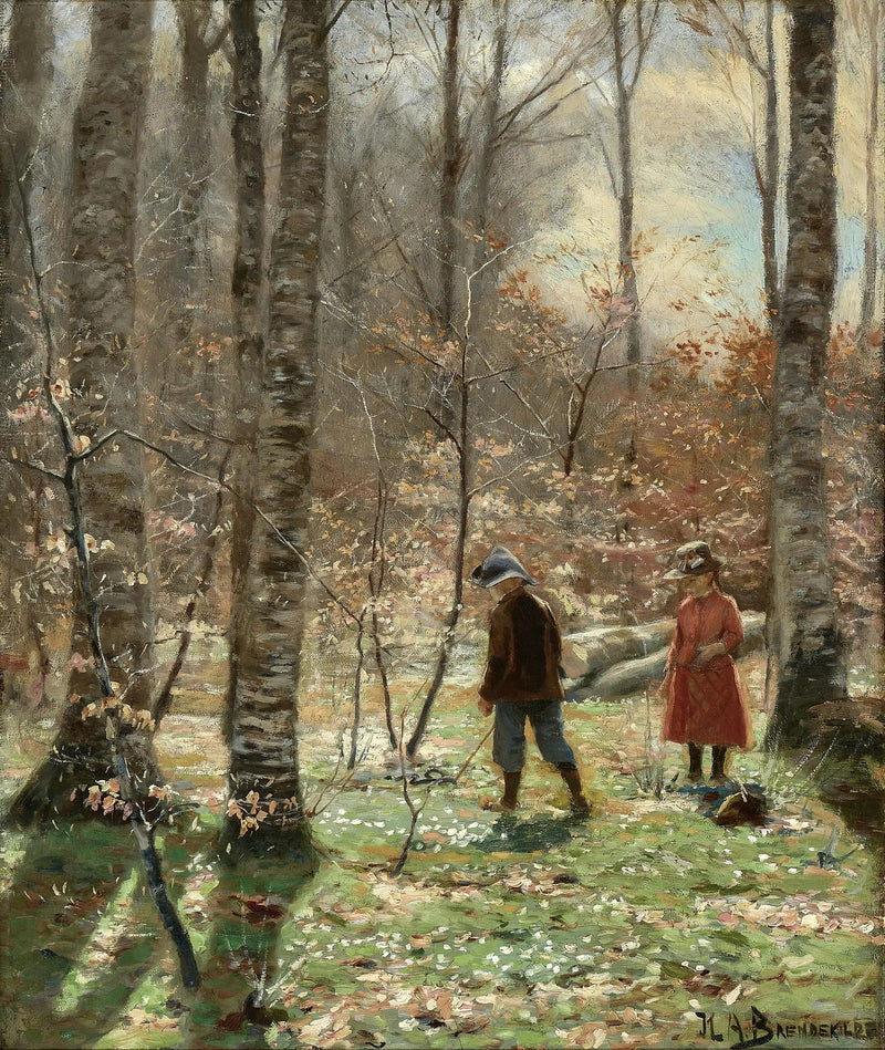 En vårdag i skogen med en pojke och en flicka som plockar anemoner. - H. A. Brendekilde