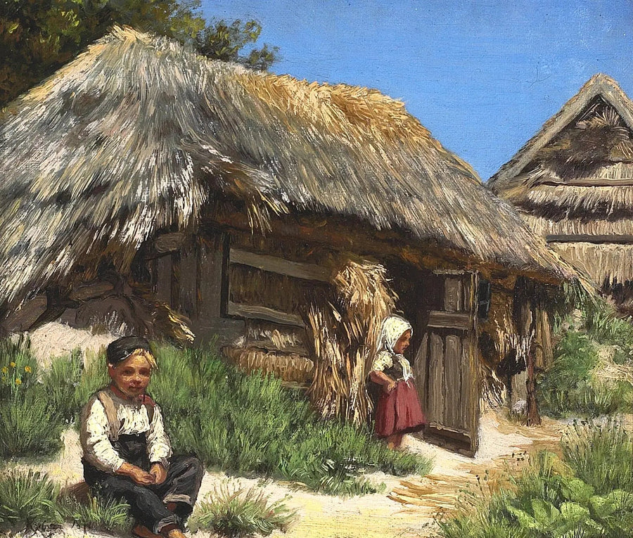 Ett hus med halmtak. En sommardag under en blå och varm himmel. Organiserad med två barn. - Peder Severin Krøyer