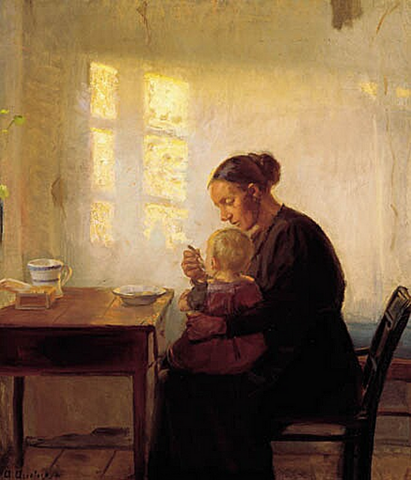 En mor med sitt barn i ett solbelyst rum. - Anna Ancher
