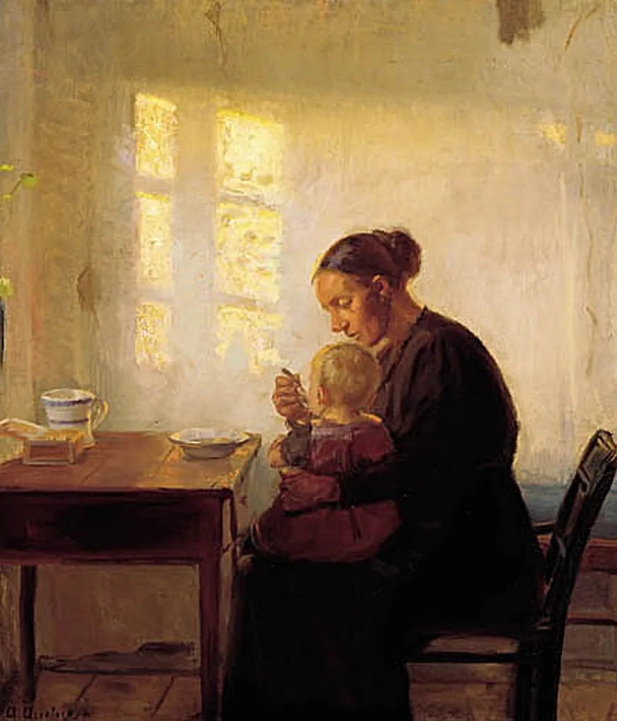 En mor med sitt barn i ett solbelyst rum. - Anna Ancher