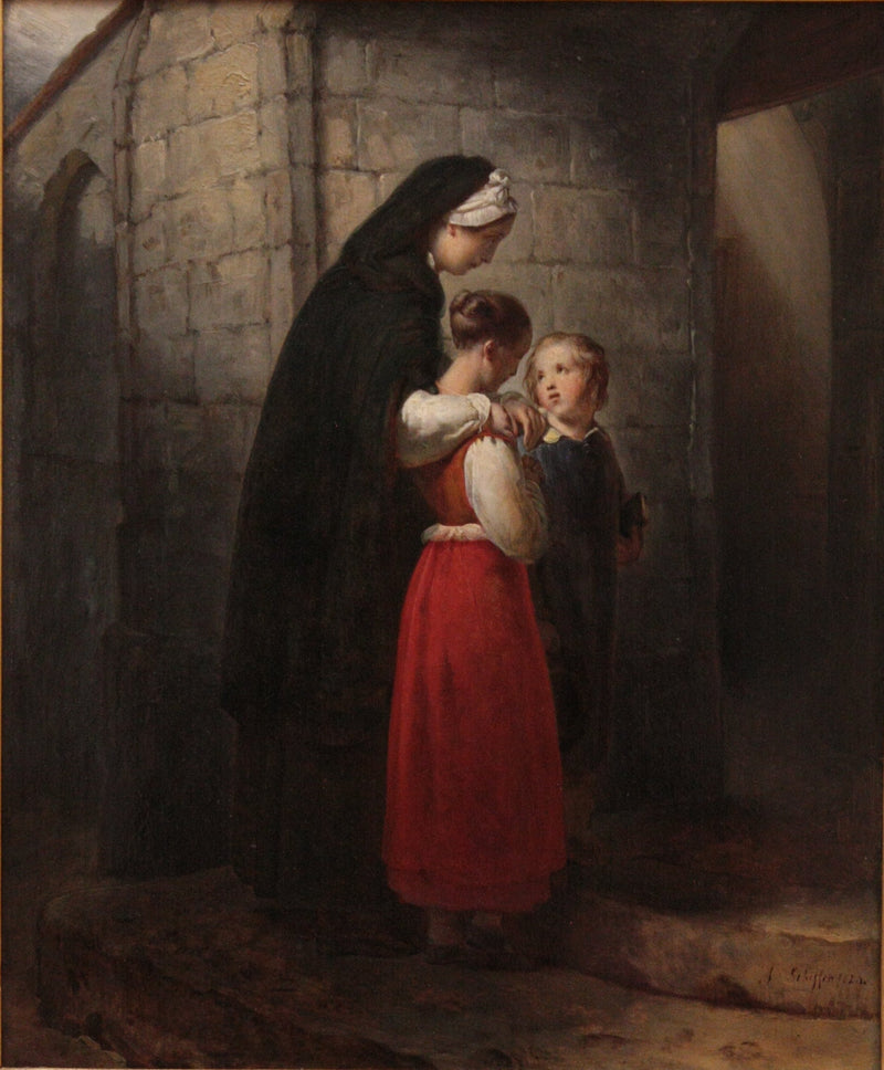 En konvalescerande mor som går till kyrkan, stödd på sina två barn - Ary Scheffer