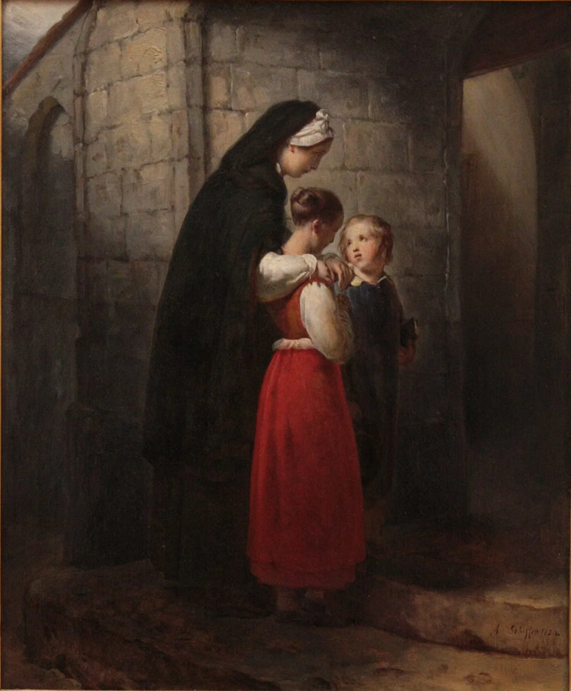 En konvalescerande mor som går till kyrkan, stödd på sina två barn - Ary Scheffer