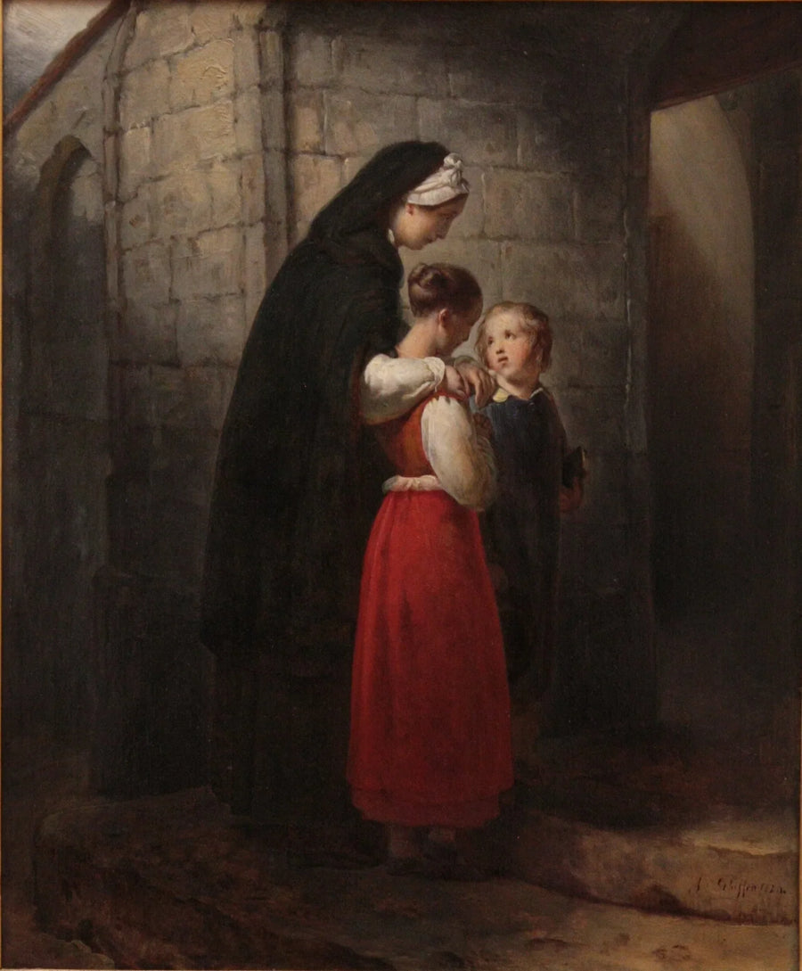 En konvalescerande mor som går till kyrkan, stödd på sina två barn - Ary Scheffer