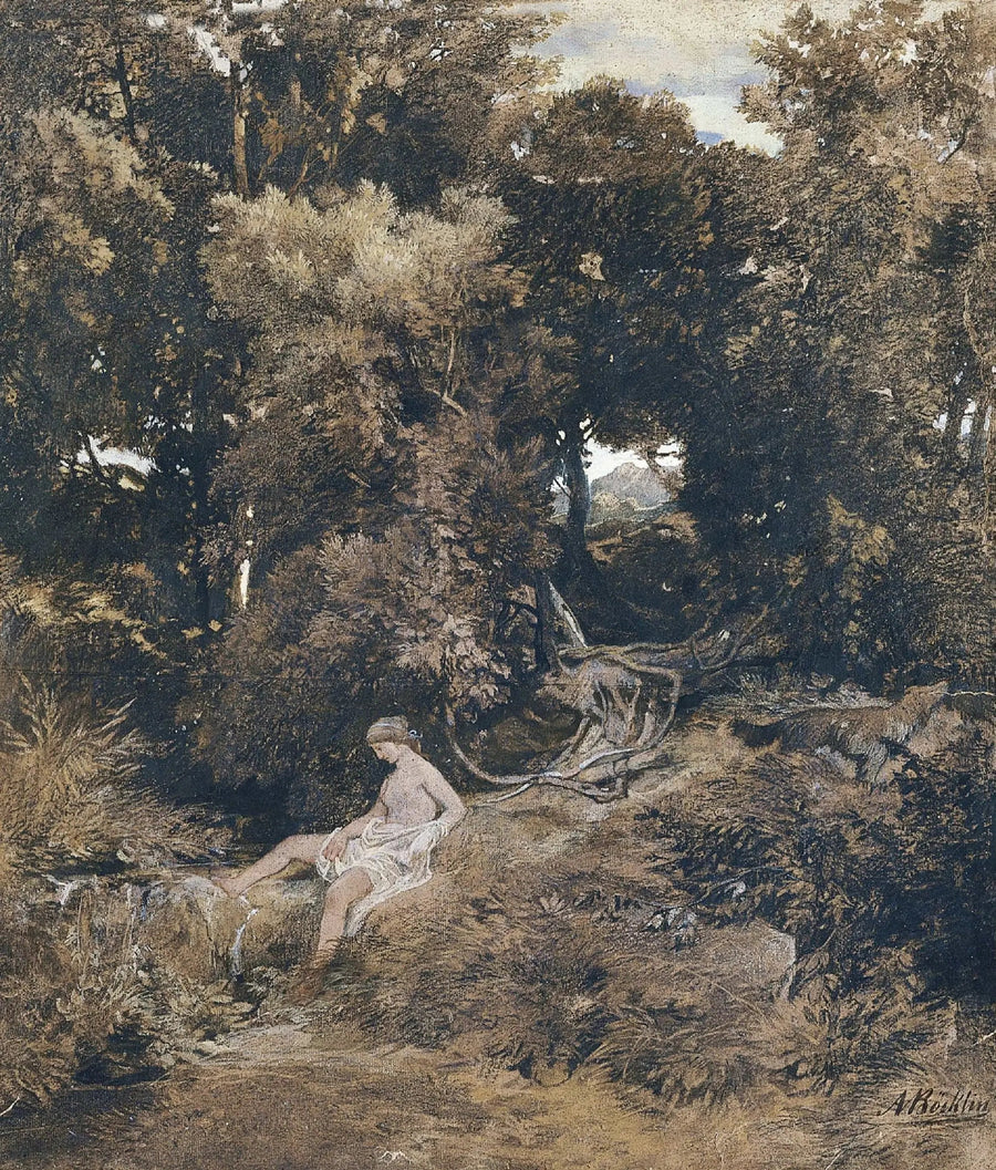 En nymf vid fontänen (Pan, Jagar en nymf) - Arnold Böcklin