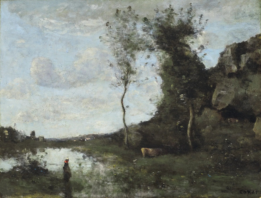 En bonde och hennes ko vid dammen med en by i sikte - Jean-Baptiste Camille Corot