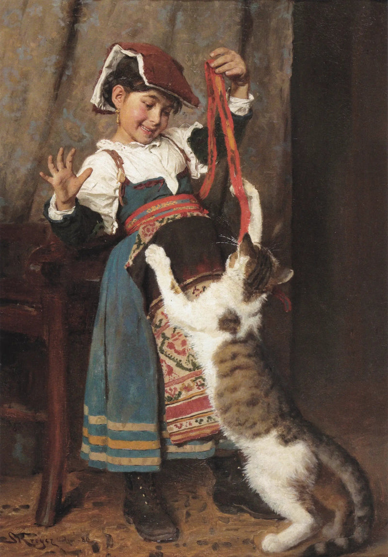 En liten flicka i bondklänning, leker med en katt. - Peder Severin Krøyer