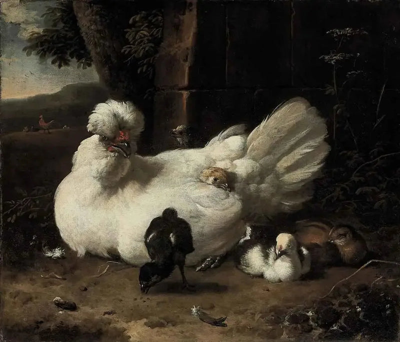 En höna med kycklingar i ett landskap - Melchior de Hondecoeter