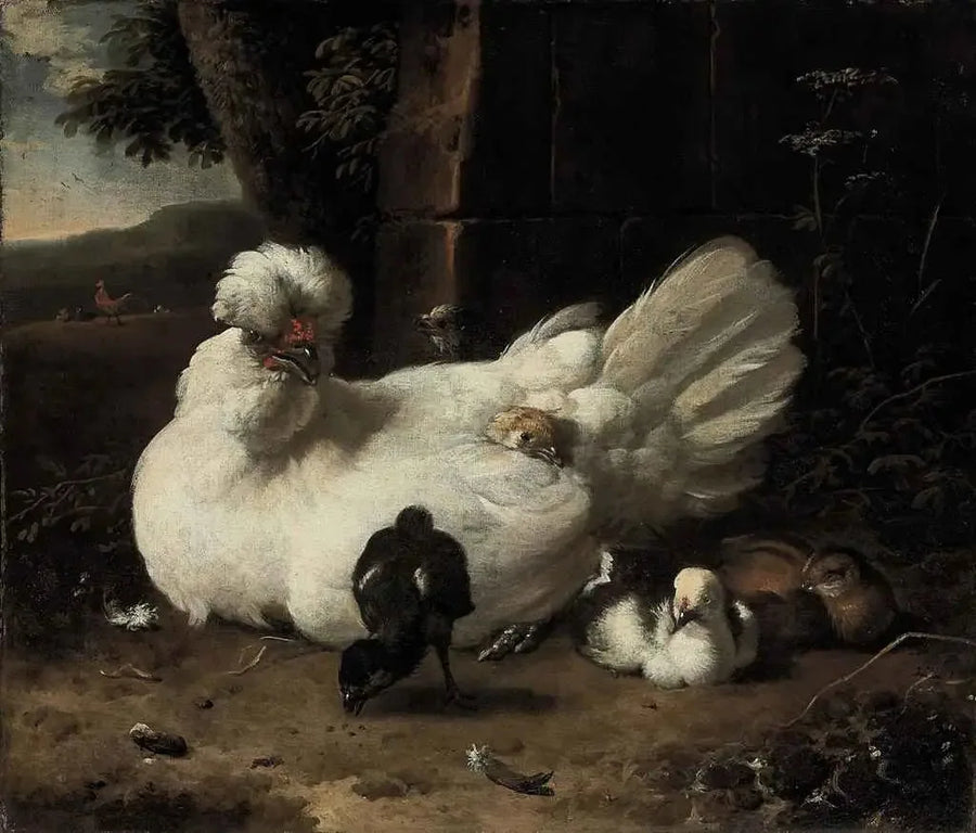 En höna med kycklingar i ett landskap - Melchior de Hondecoeter
