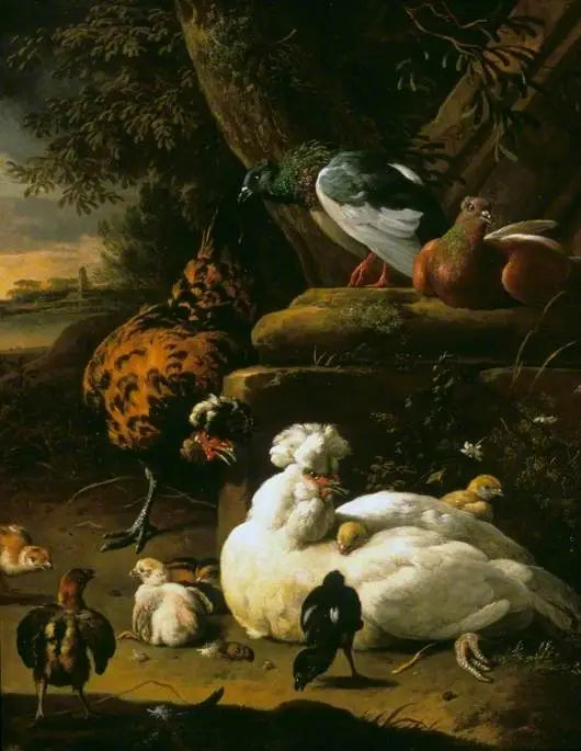 En höna med kycklingar, en tupp och duvor i ett landskap - Melchior de Hondecoeter