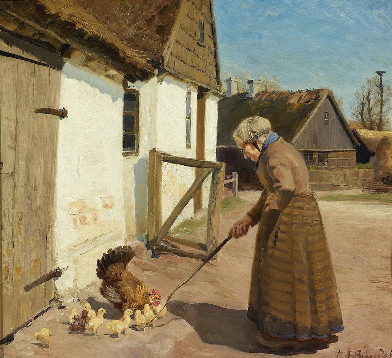 En höna med sina kycklingar. - H. A. Brendekilde