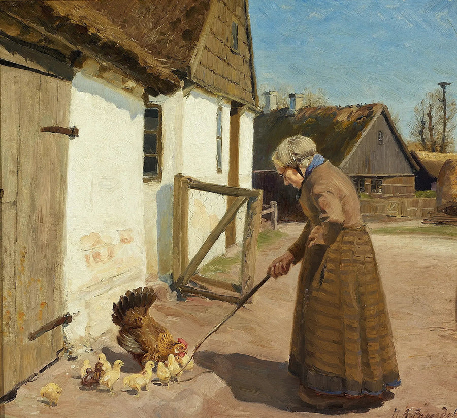 En höna med sina kycklingar. - H. A. Brendekilde