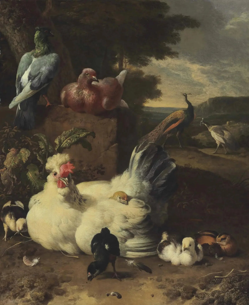 En höna, kycklingar, duvor och påfåglar bredvid en stenmur i ett landskap - Melchior de Hondecoeter