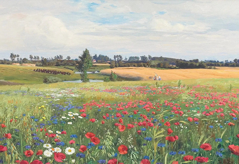 En blommande äng med vallmo, leucanthemer och blåklint. - H. A. Brendekilde