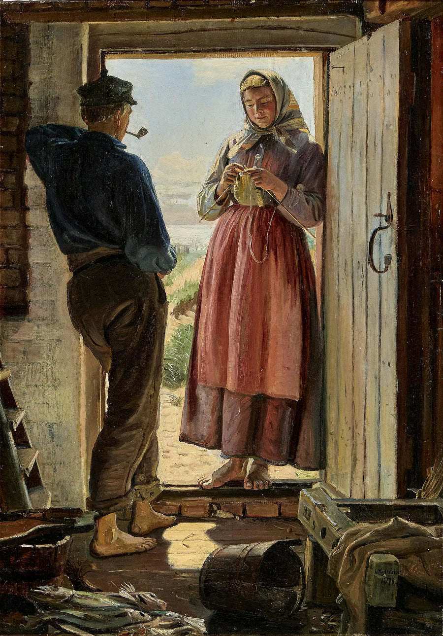 Ett förslag. En ung fiskare och en ung kvinna stickar i dörröppningen. - Michael Peter Ancher
