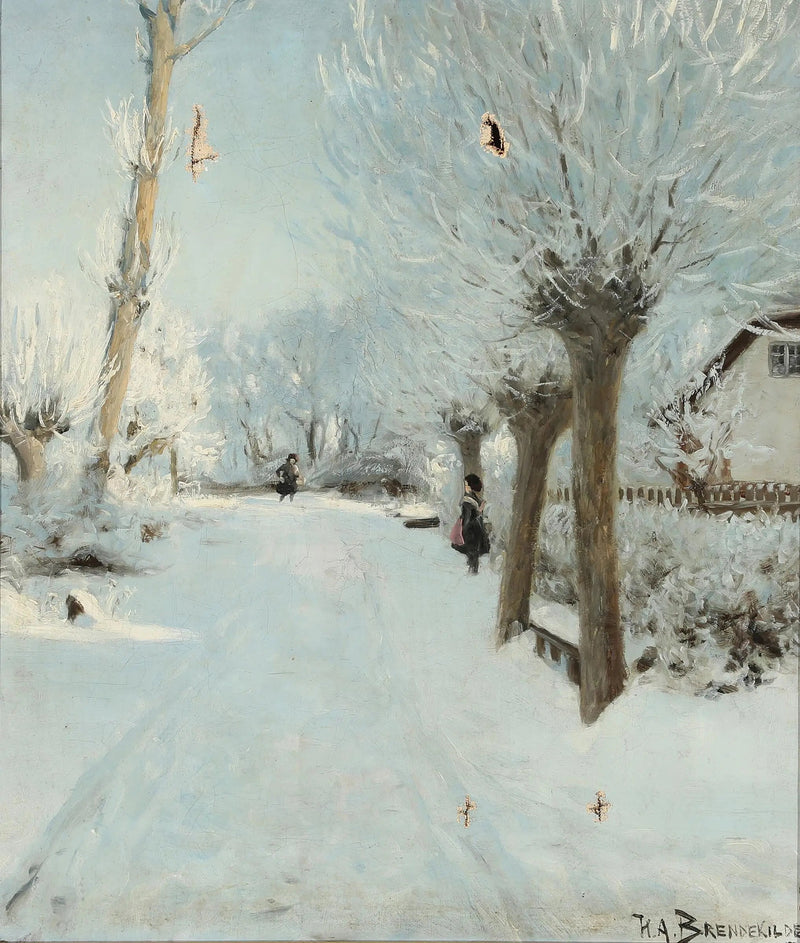 En solig och snöig väg med två barn. - H. A. Brendekilde
