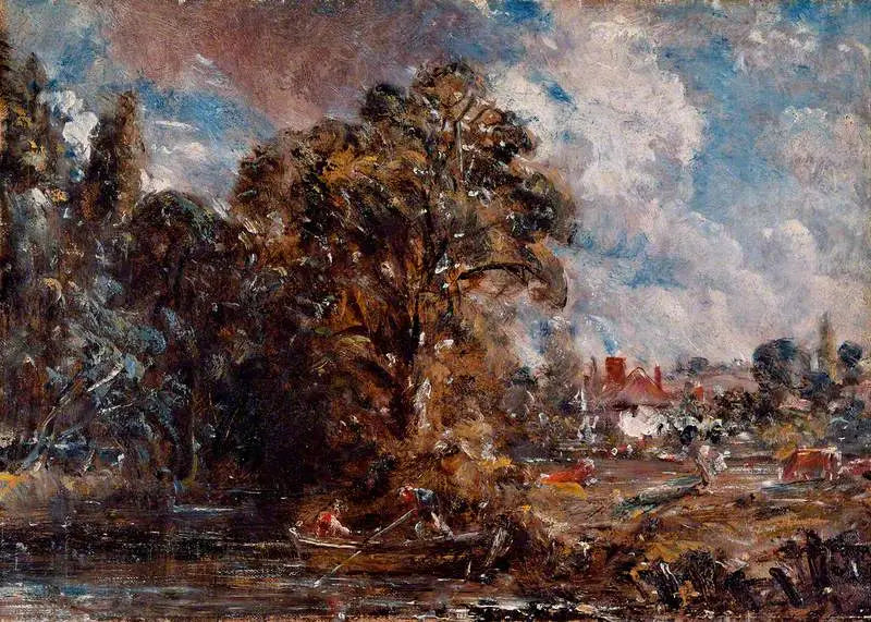 En flodscen med en gård vid vattnet - John Constable