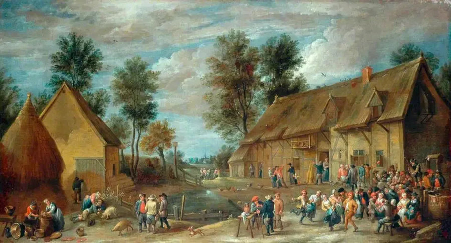 En byscen med bönder som har roligt framför ett värdshus - David Teniers den yngre