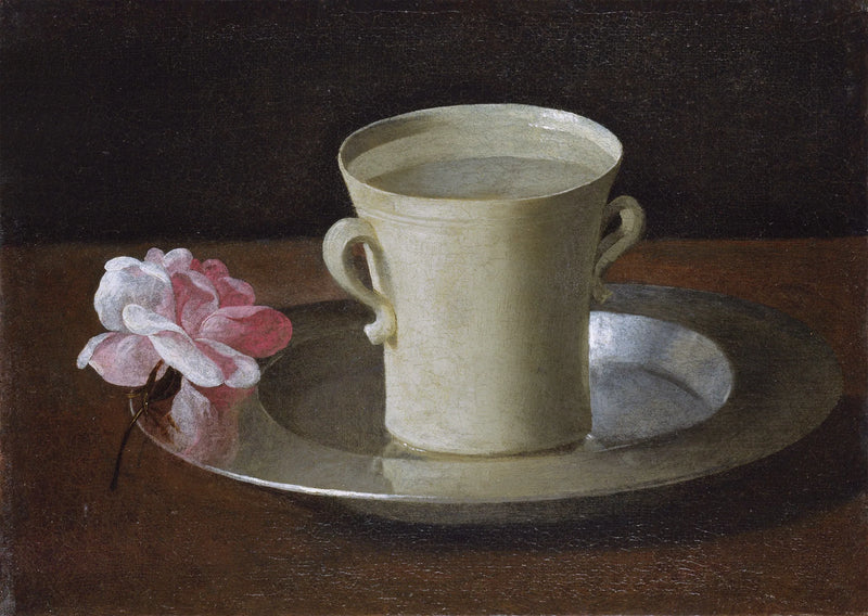 En kopp vatten och en ros på ett silverfat - Francisco de Zurbarán