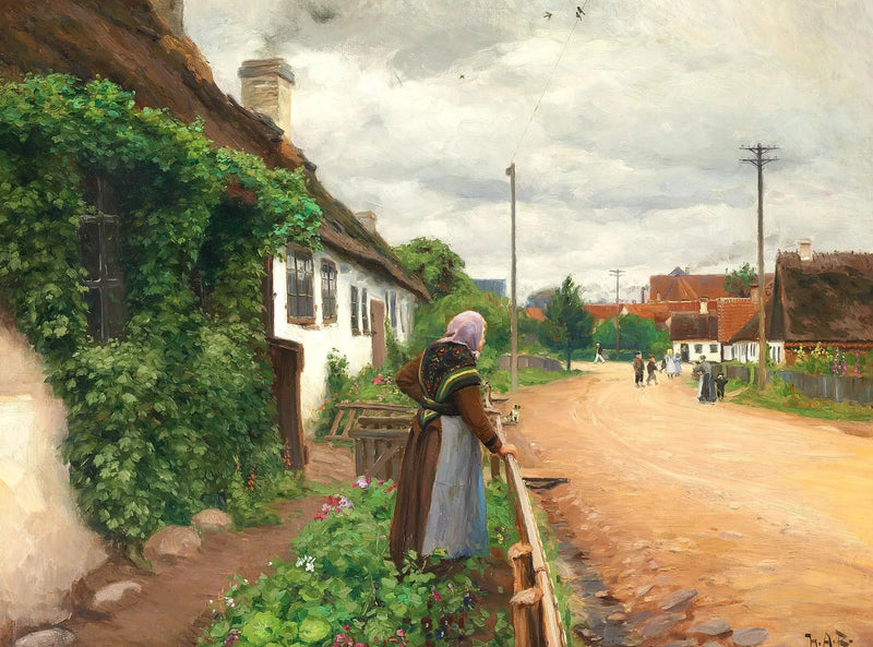 En gammal kvinna tittar på byns barn medan de leker. - H. A. Brendekilde