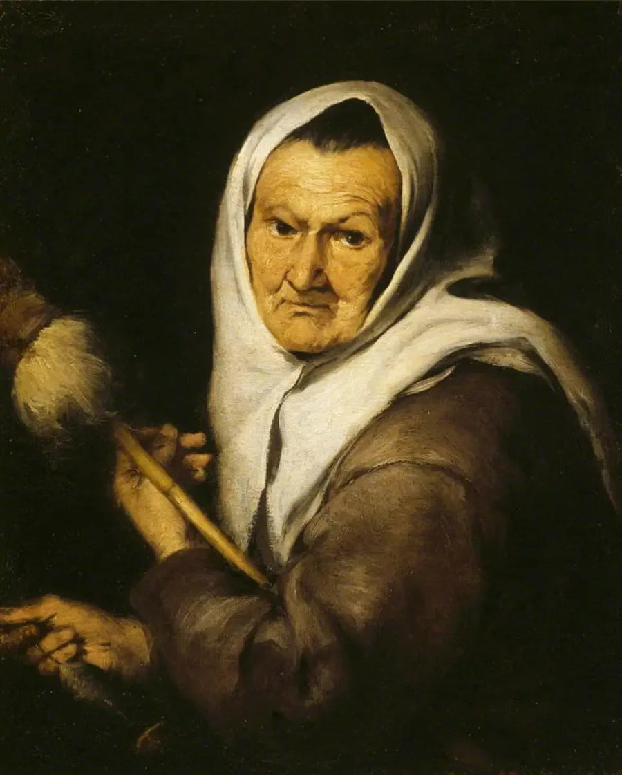 En gammal kvinna som håller en spinnrock och ett spinnrockshjul - Bartolomé Esteban Murillo
