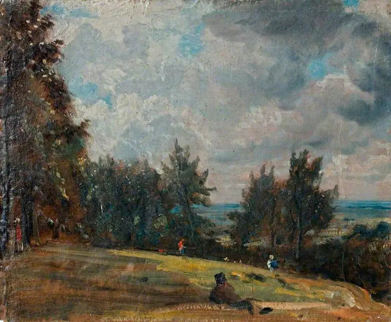 En vy i Hampstead med träd och personer - John Constable