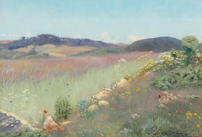 En vy över en dansk sommarlandskap med blommor. - H. A. Brendekilde