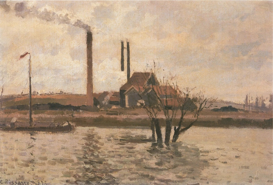 Fabrik i Saint-Ouen-l'Aumône, Oise-floden i högvatten - Camille Pissarro