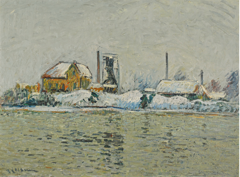 USINE vid Oise, snöeffekt - Gustave Loiseau