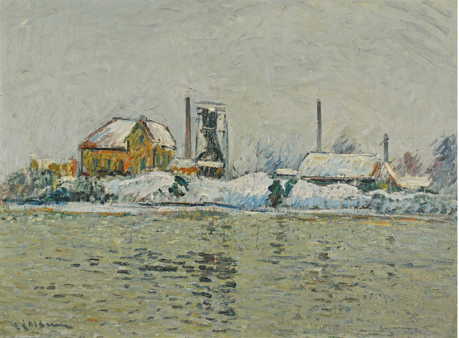 USINE vid Oise, snöeffekt - Gustave Loiseau