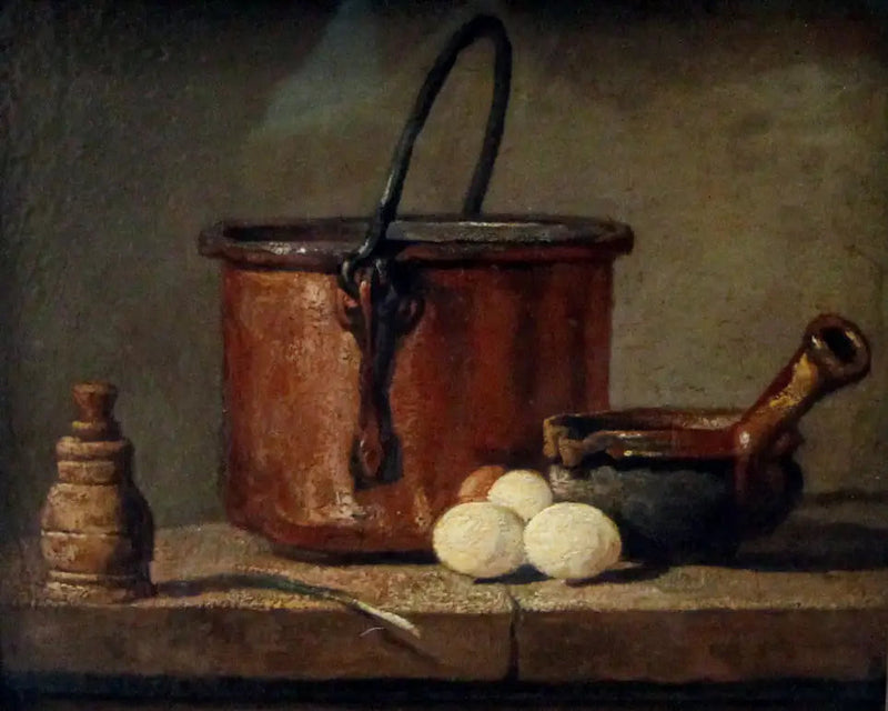 Köksredskap, gryta, stekpanna och ägg - Jean Simeón Chardin