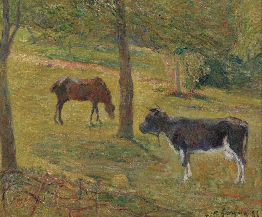 Ko och häst i en äng - Paul Gauguin