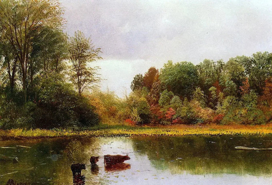 Kor som dricker i ett landskap - Albert Bierstadt