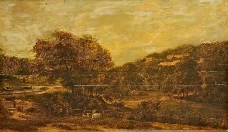 Skogsklädd dal med en bäck och hus på sluttningen av en kulle - John Constable