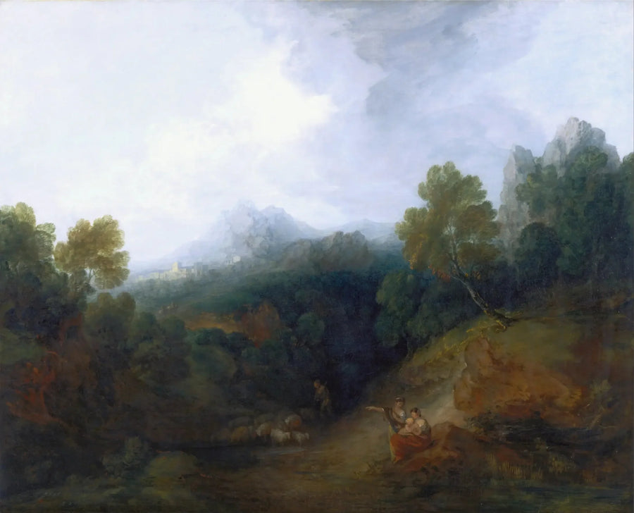 Bergsdal med figurer och en avlägsen by - Thomas Gainsborough