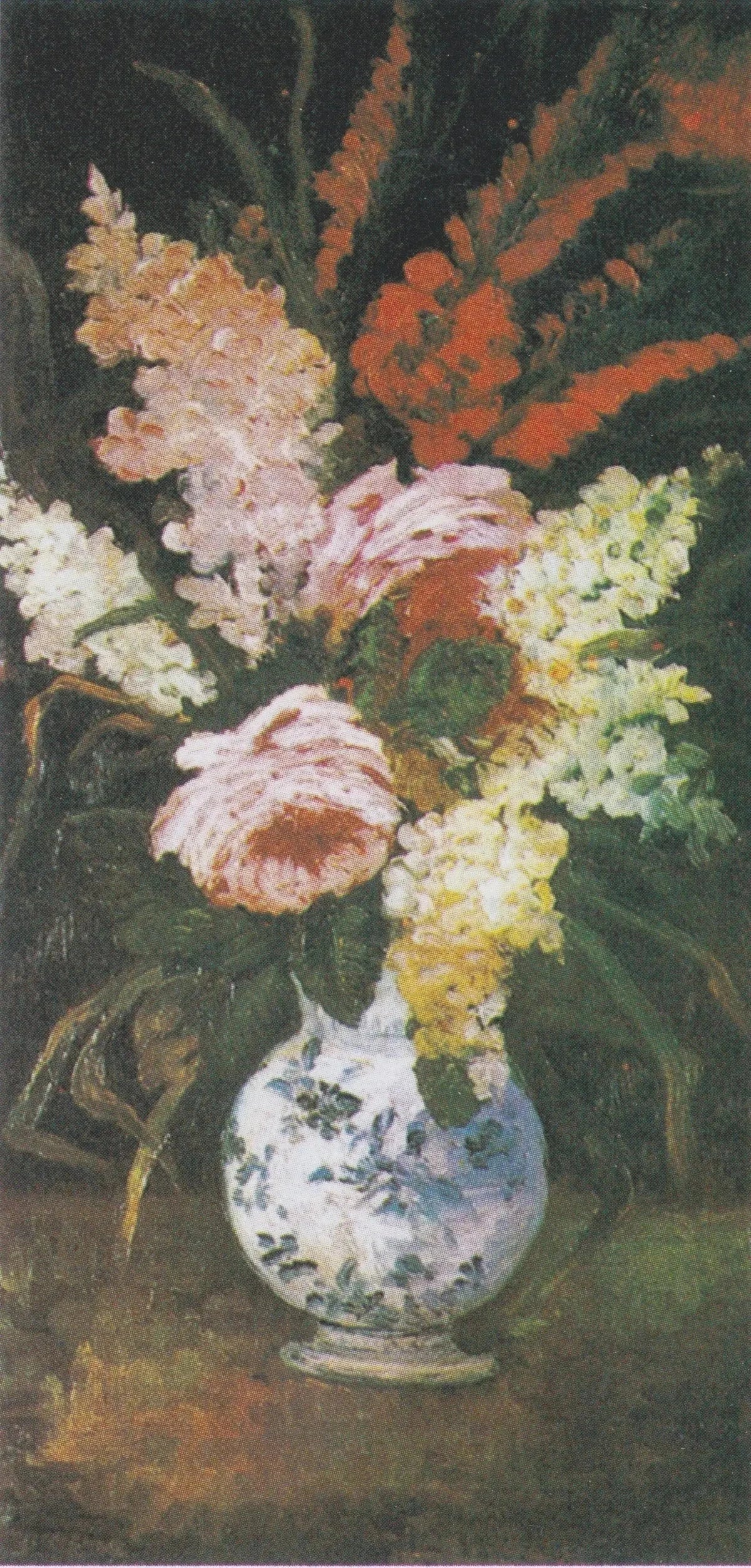 Vase avec glaïeuls et lilas F286a — bouquet vertical dans une faïence bleue et blanche peint par Vincent van Gogh