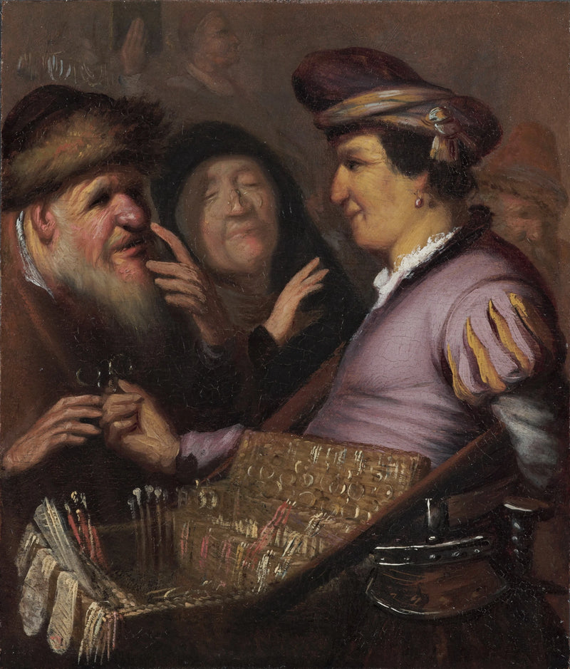 Säljaren av glasögon (En gatuförsäljare som säljer glasögon, Vue) - Rembrandt
