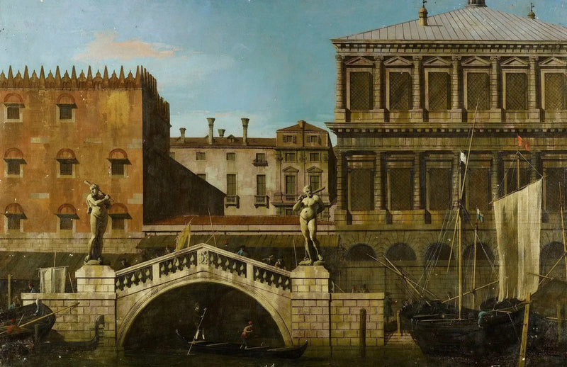 Venedig: capriccio av Zecca och ladorna med Ponte della Pescaria - Canaletto
