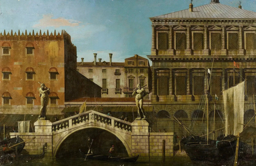 Venedig: capriccio av Zecca och ladorna med Ponte della Pescaria - Canaletto