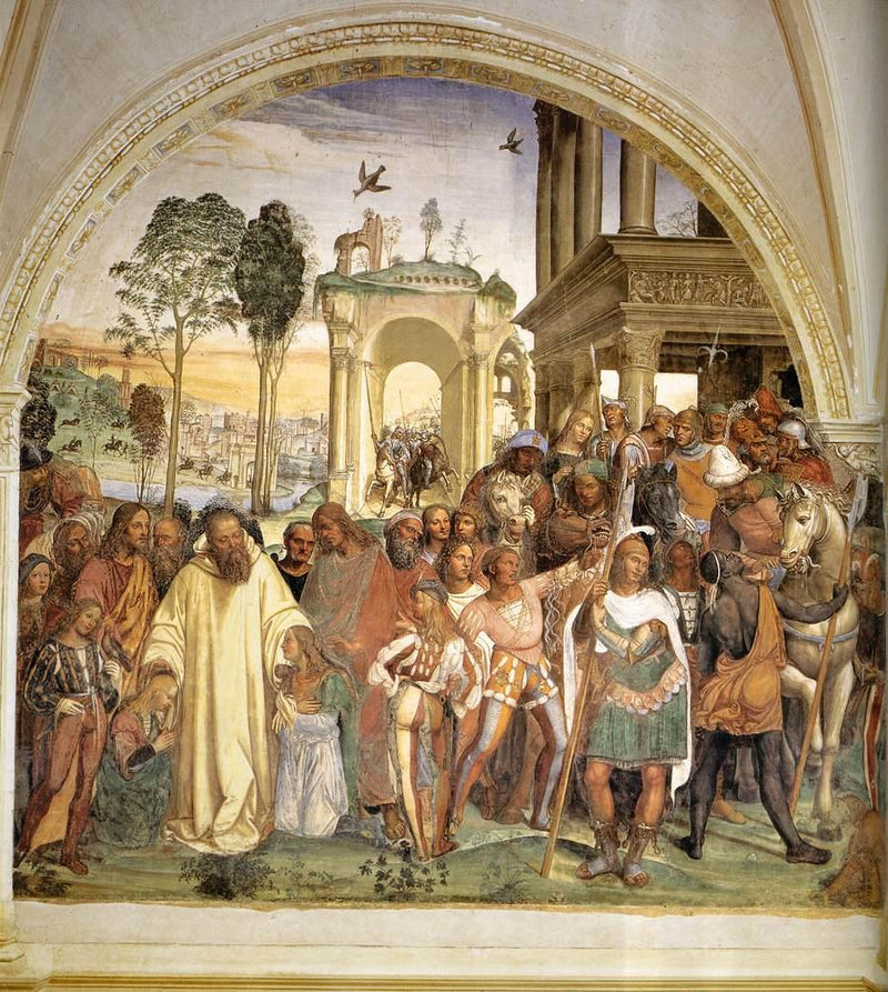 Helgonet Benoīts liv, scen 12 Benoït tar emot två unga romare, Maur och Placide - Il Sodoma (Giovanni Antonio Bazzi)