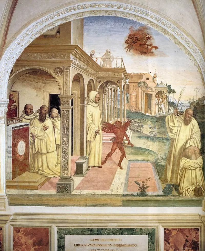 Helgonet Benedikts liv, scen 13 Benedikt frigör en munk besatt av demonen - Il Sodoma (Giovanni Antonio Bazzi)