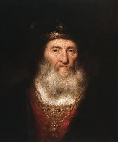 Gamla mannen med skägg och basker som bär ett medaljong - Rembrandt