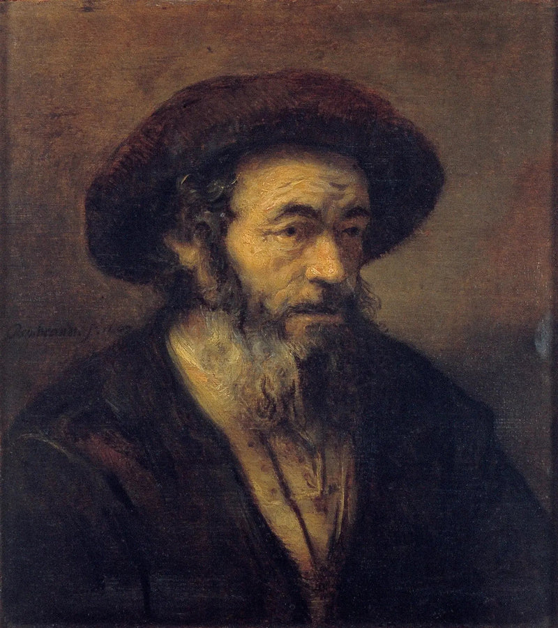 Gammal man med skägg som tittar åt höger - Rembrandt